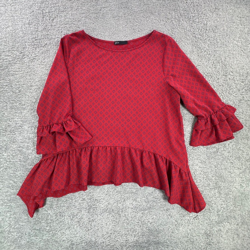 Gibson Red Geometric Print Ruffle Peplum Blouse XL 3/4 Tiered Sleeve GRP5634W